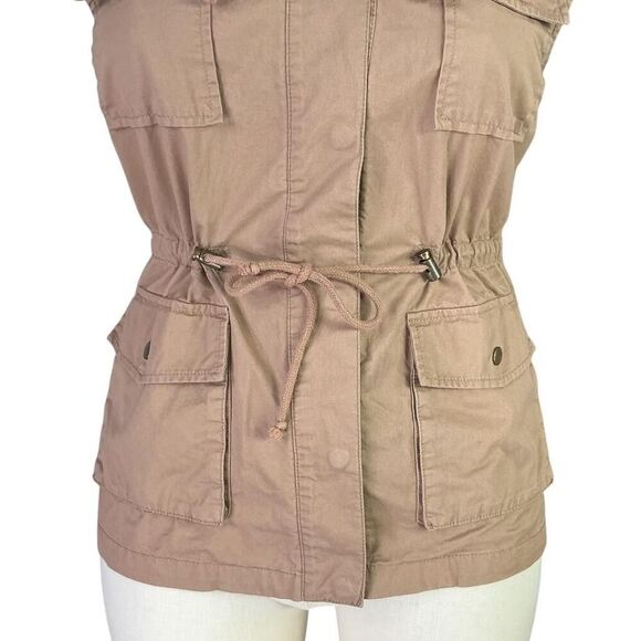 Love Tree Utility Vest Womens L Brown Cotton Cargo Pockets Snaps Hood Sleeveless - Picture 3 of 8